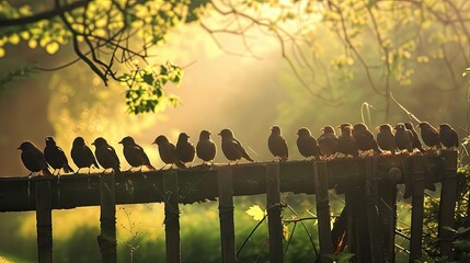 Obraz premium birds perched on a fence, their melodic songs filling the air with nature's symphony.