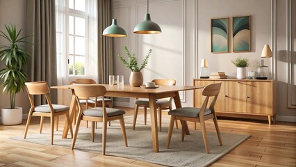 Fototapeta premium Woven rug beneath, vintage chandelier above, and blonde wood furniture gleam in this 1950s-style dining room, where