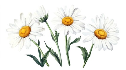 Fototapeta premium Hand-Painted Realistic White Daisy Bouquet, Capturing the Natural Beauty and Delicate Details of Each Flower. Ideal for Floral Art Enthusiasts and Home Decor