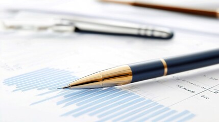 Closeup of a gold and blue pen on a financial chart.