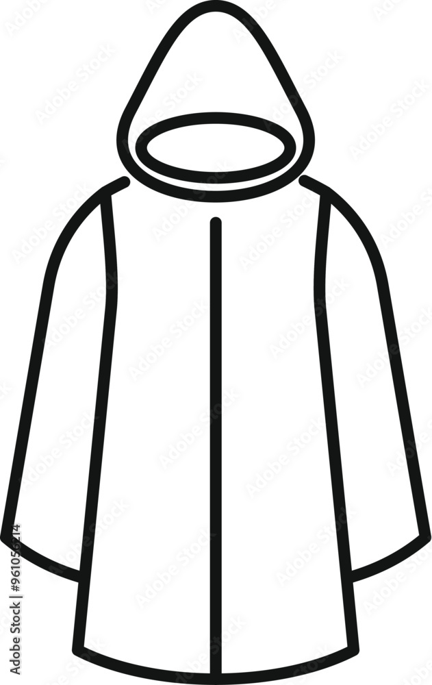 Sticker raincoat with hood protecting from rain, simple black thin line icon vector illustration, isolated o