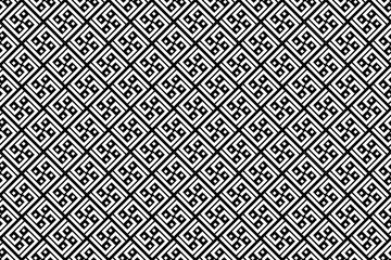 A seamless black and white geometric pattern featuring interlocking Greek key designs arranged in a diamond formation. Perfect for use in textiles, wallpapers, packaging, or digital backgrounds.