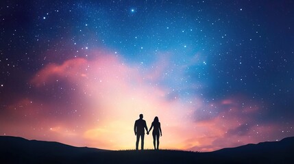 Fototapeta premium Silhouette of a couple holding hands under a starry night sky.