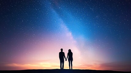 Fototapeta premium Silhouette of a couple holding hands under a starry night sky.