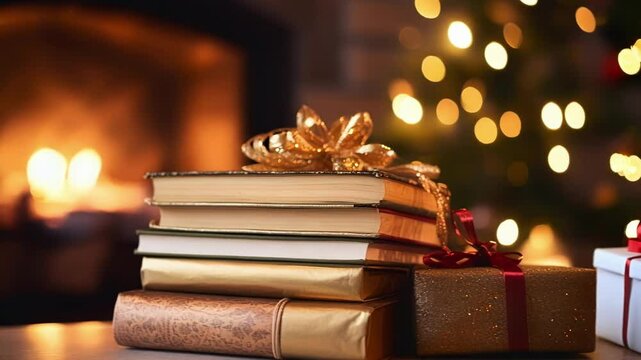Wrapped books are stacked on a table with a fireplace and bokeh christmas tree lights in the background, creating a cozy winter holiday scene