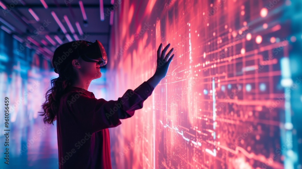 Aufkleber a woman in a dark space interacts with a glowing red digital interface while wearing a vr headset. t