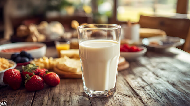 milk on a wooden table, with a background of healthy, wholesome breakfast options