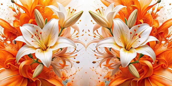 Abstract background of liliaceae with orange and white paint splashes Symmetrical