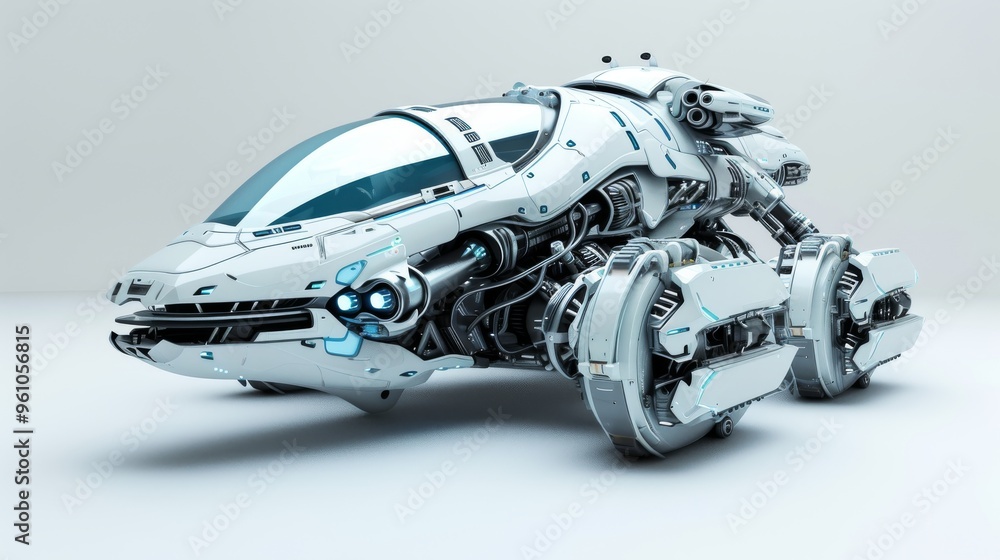 Poster a high-tech futuristic vehicle is displayed in a minimalistic setting, showcasing its intricate mech