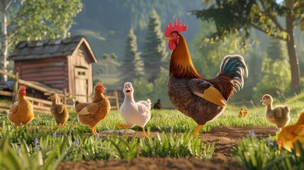 Rustic Charm: Proud Rooster Leads his Flock in Idyllic Farmyard 