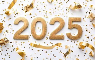 Gold number "2025" surrounded by confetti and gold ribbon on white background. New Year's Eve Celebration 2025 
