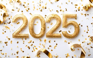Gold number "2025" surrounded by confetti and gold ribbon on white background. New Year's Eve Celebration 2025 