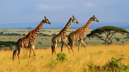 Obraz premium Giraffes graze on acacia trees on the African plains. Their long necks and gentle demeanor captivate observers.