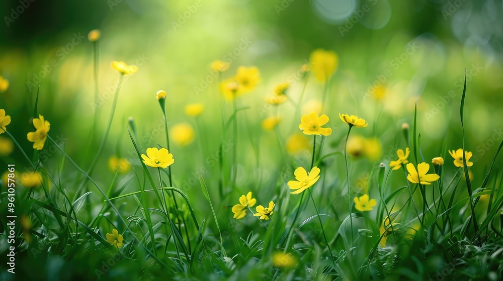 Poster Small yellow flowers on green field.