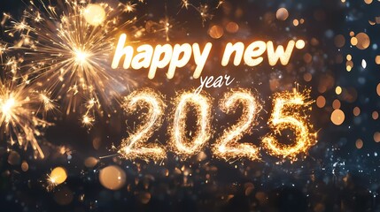 Gold number "2025" surrounded by confetti and gold ribbon on white background. New Year's Eve Celebration 2025 