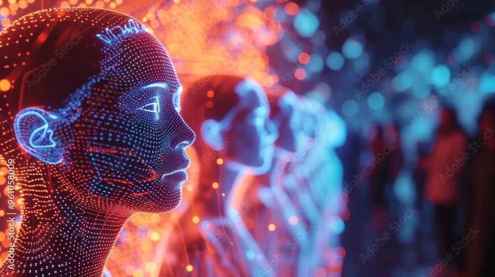 Poster a close-up of a futuristic ai face illuminated by intricate digital patterns in vibrant neon colors,