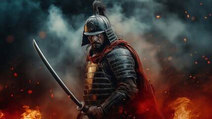 Naklejka premium Samurai Warrior in Armor Holding Katana Amidst Dark Smoke