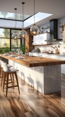 Luxury kitchen interior with new stylish furniture, white marble countertops,  