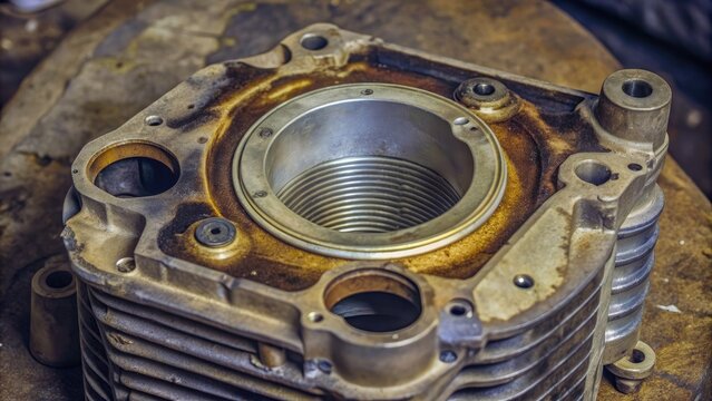 Close-up of a failed cylinder in a low power two-stroke engine, engine, two-stroke, failed, cylinder, damaged, broken