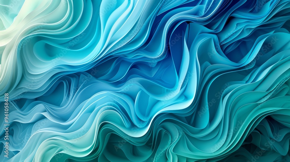 Poster abstract art piece featuring cool blue and green tones with dynamic wave-like patterns, creating a s