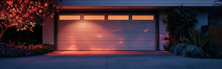 Exposed Aggregate concrete surface driveway with a garage door of a new modern suburban house.