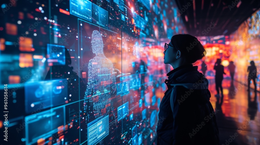 Poster a woman gazes intently at a futuristic digital display, immersed in a high-tech environment filled w