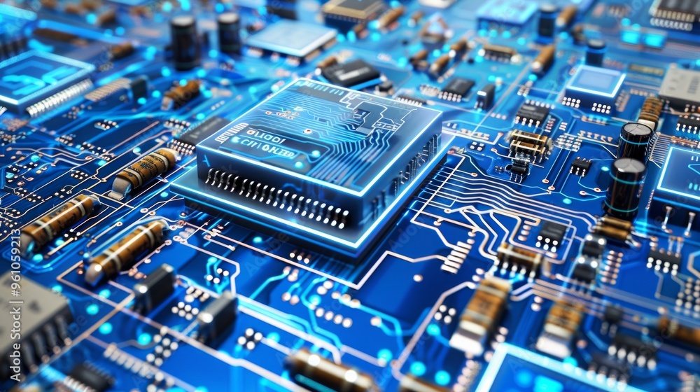 Poster close-up of a circuit board with a glowing processor