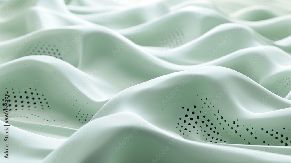 Poster an abstract image featuring a soft wave pattern in light green tones, resembling a flowing fabric or