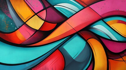 Abstract colorful graffiti art with bold curves and shapes.