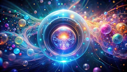 Fototapeta premium Abstract background with luminous swirling elegant glowing circles, sparking particles in a space tunnel, and glossy jellyfish
