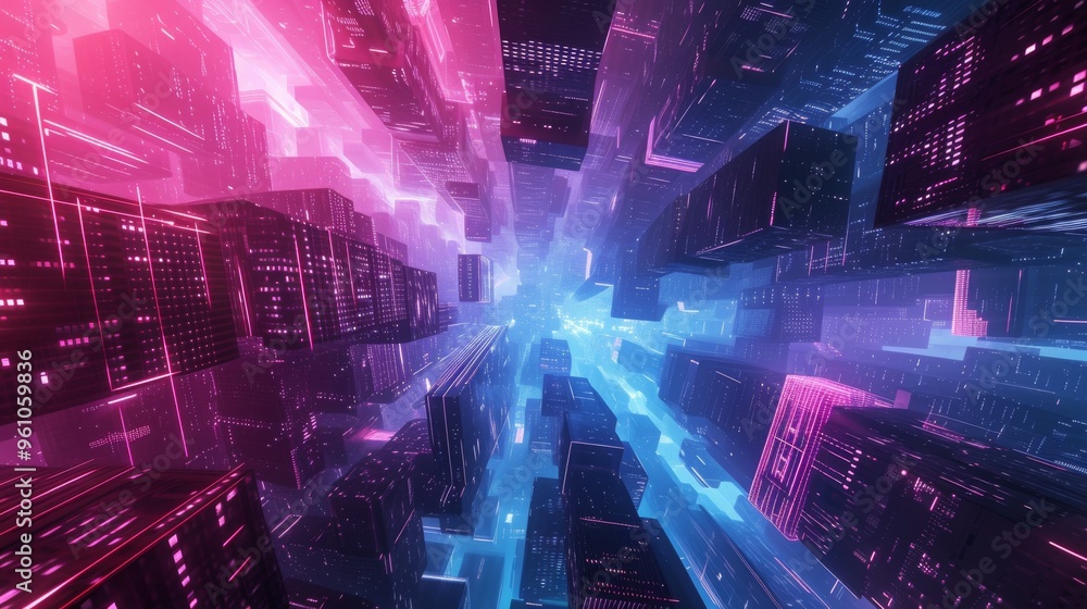 Poster a mesmerizing view of a futuristic cyberpunk cityscape, illuminated with neon pink and blue lights. 