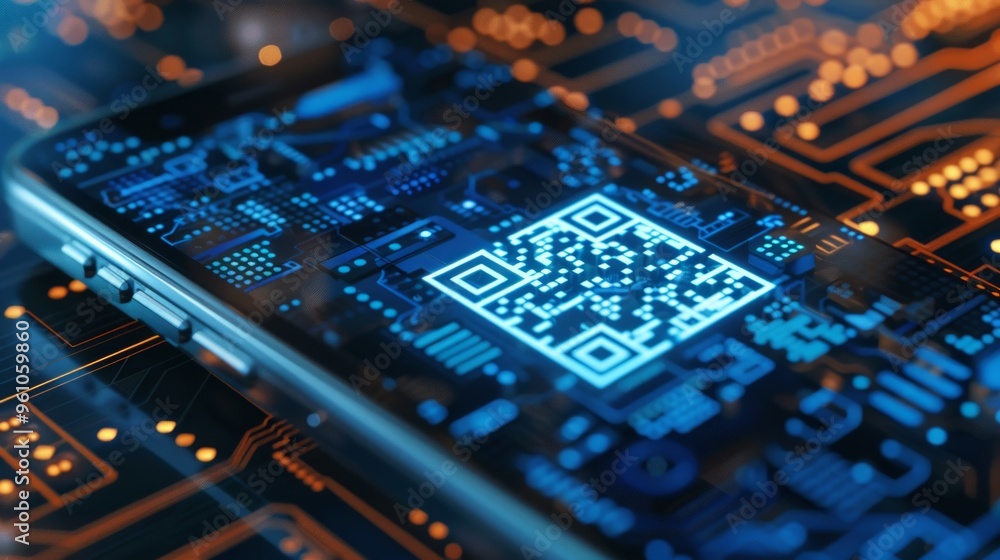 Poster qr code on a smartphone screen with circuit board background
