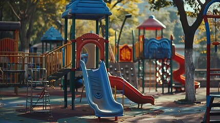 park with playground and benches on pathway.