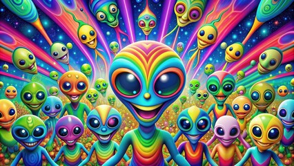 Cheerful and funny aliens invade a psychedelic colorful background, aliens, invasion, cheerful, funny, surreal