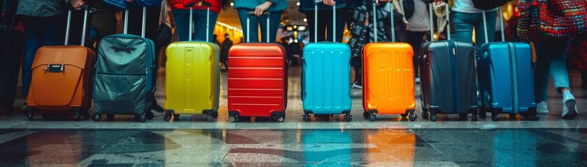 Travelers with colorful luggage at departure gate, each suitcase telling a story, departure, personal journey