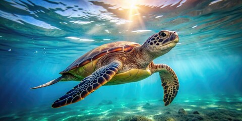Fototapeta premium Turtle swimming gracefully in the ocean, tropical, wildlife, marine life, underwater, reef, aquatic, beautiful, nature