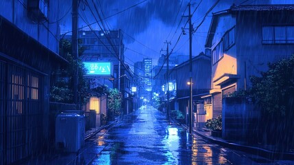 Lofi Beautiful Japanese Japan Tokyo City Town at Rainy Rain Night - House at Street Anime Comic Artstyle Cozy Peaceful Peace Asian Wallpaper Background
