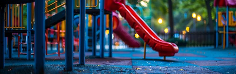 park with playground and benches on pathway.