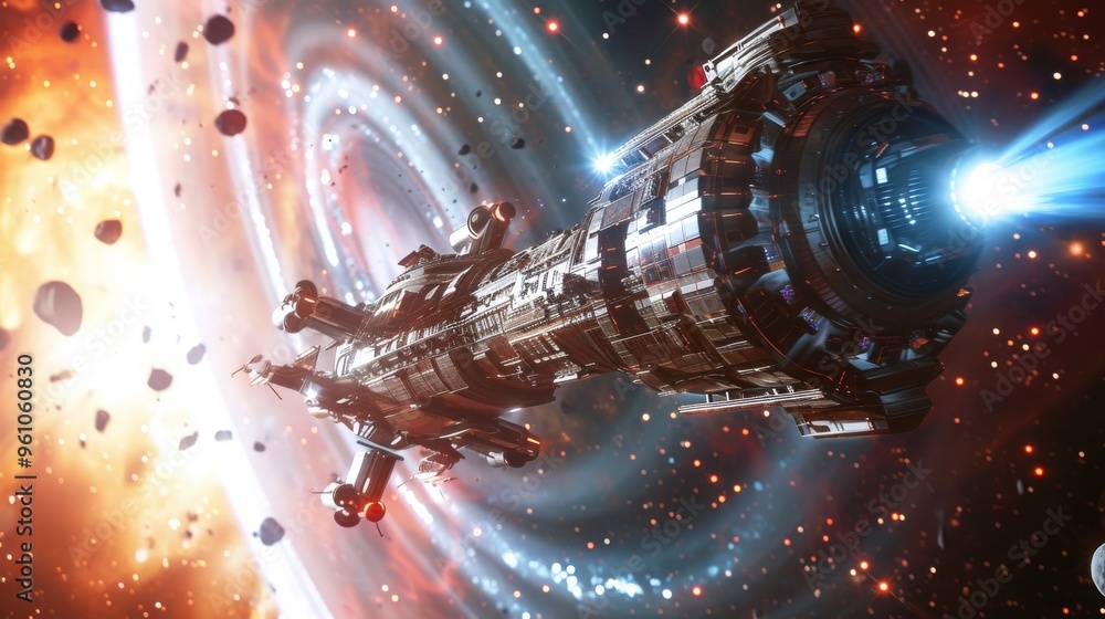 Poster a highly detailed futuristic spaceship approaches a wormhole in deep space, surrounded by glowing ri