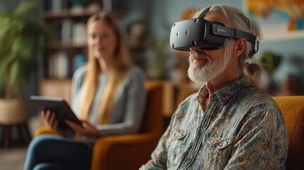 Senior Man Using VR Headset at Home