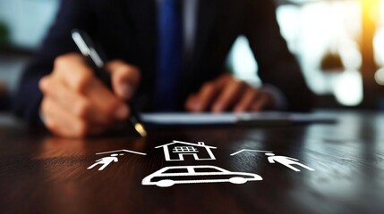 A business professional signs a contract with icons representing house and car on the table, symbolizing real estate and insurance.