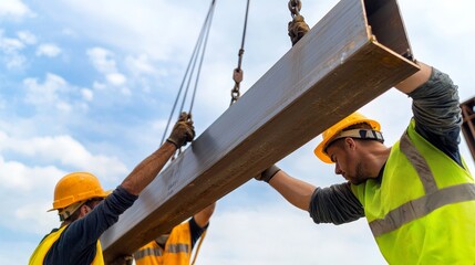 diverse construction workers teamwork lifting steel beam on construction site with safety gear and modern technology.