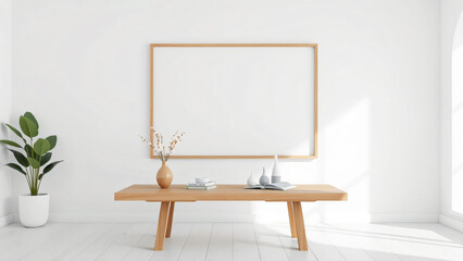 Mock up poster frame in minimalist modern interior room background, natural wooden table and cozy, 3d render