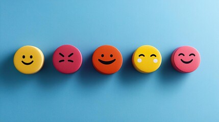 Colorful emoticons on a blue background, showcasing a range of emotions from happiness to anger.