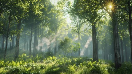 Fototapeta premium Sunbeams Shining Through Trees in a Misty Forest