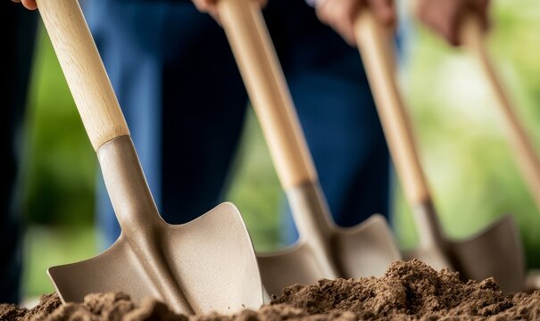 groundbreaking ceremony with diverse team of construction workers - symbolic teamwork with modern technology shovels
