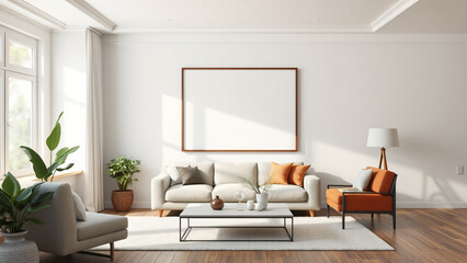 Fototapeta premium Mock up poster frame in minimalist modern interior room background, natural wooden table and cozy, 3d render