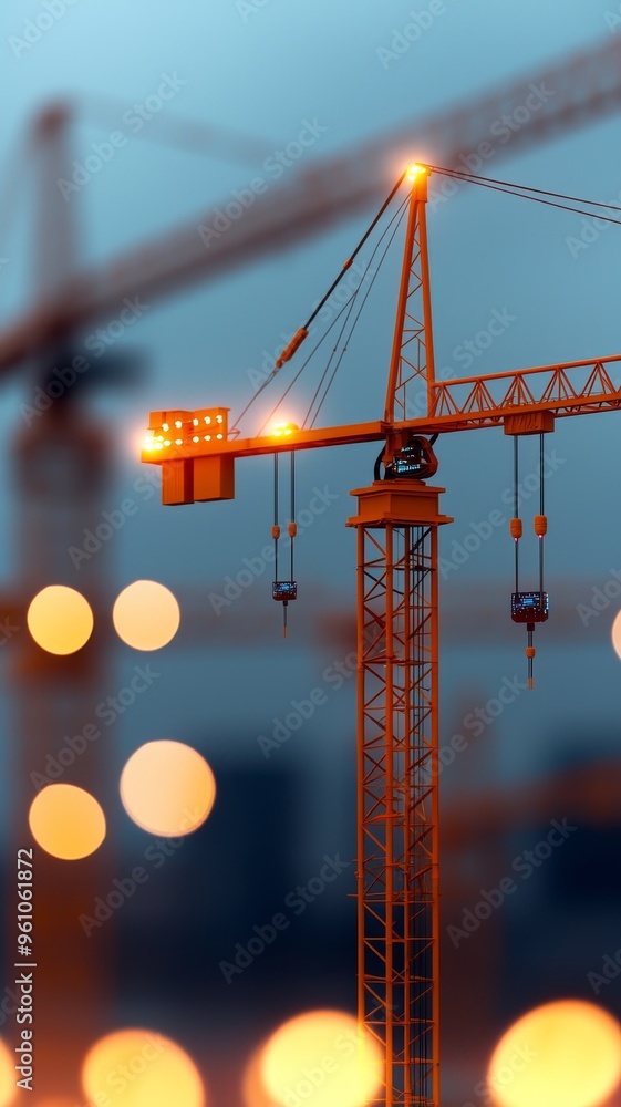 Poster construction crane with digital network light lines and bokeh background at dusk.