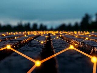 abstract construction network concept - digital connections with glowing nodes on concrete surface.