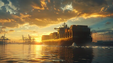 A large container cargo ship travels over calm.